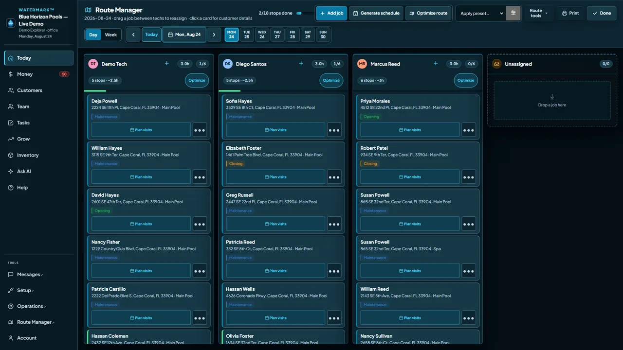 Route Manager: the drag-and-drop day board across technicians